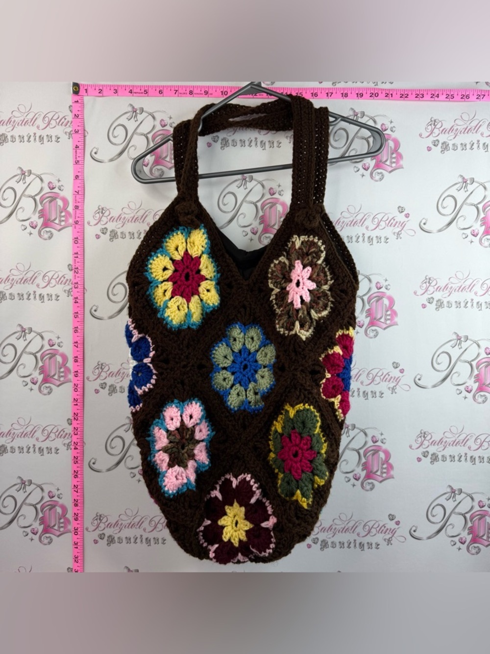 Tote Handmade flowers Crochet Floral Tote Bag - Brown with Multicolor Accents
